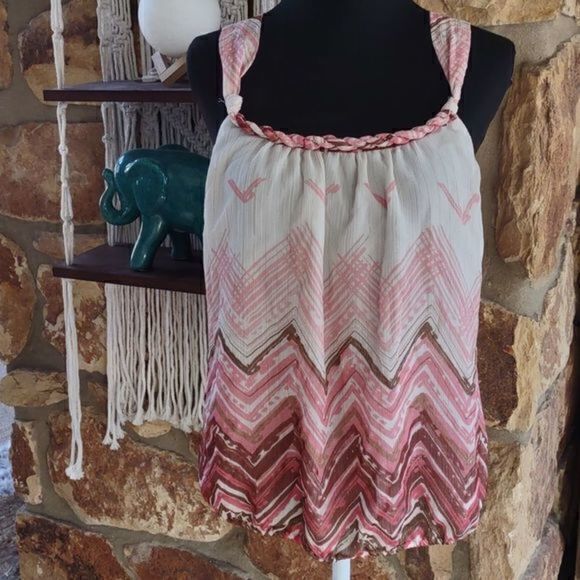 Guess Cross Strap Pink Watercolor Metallic Chevron Boho Braided‎ Neck Top Sz L - Picture 1 of 9